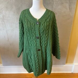 Kilronan Irish Knitwear Green Merino 100% Pure New Wool Cardigan Sweater Coat XL